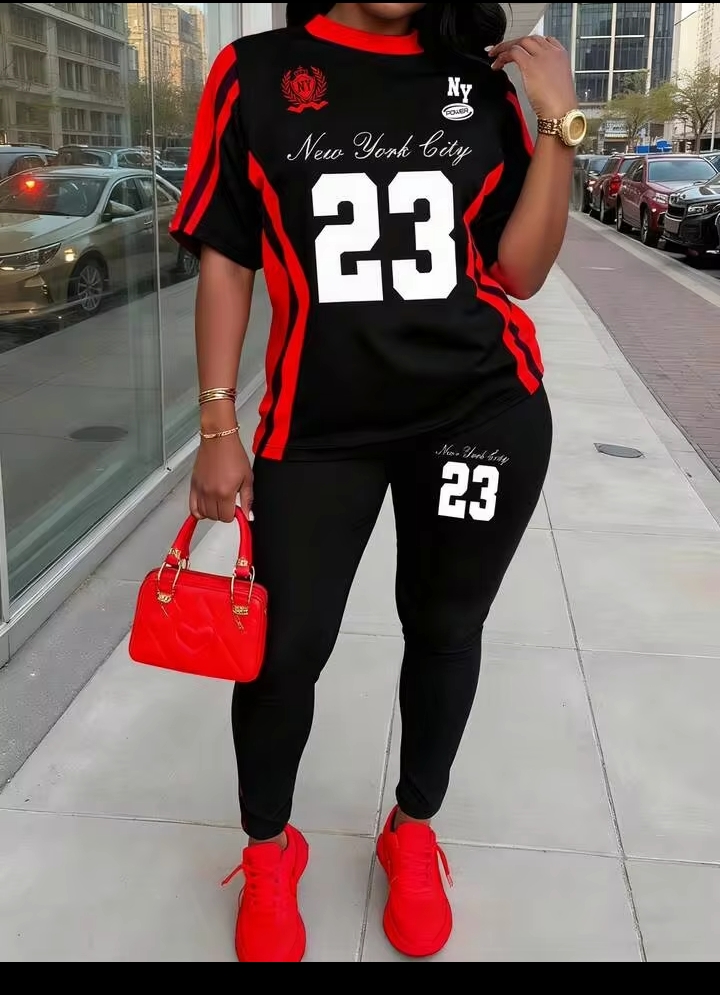 Women's 2PCS Number 23 Graphic Print Sportswear Set – Short Sleeve T-Shirt & Skinny Leggings for Casual Wear, Fitness & Street Style 3