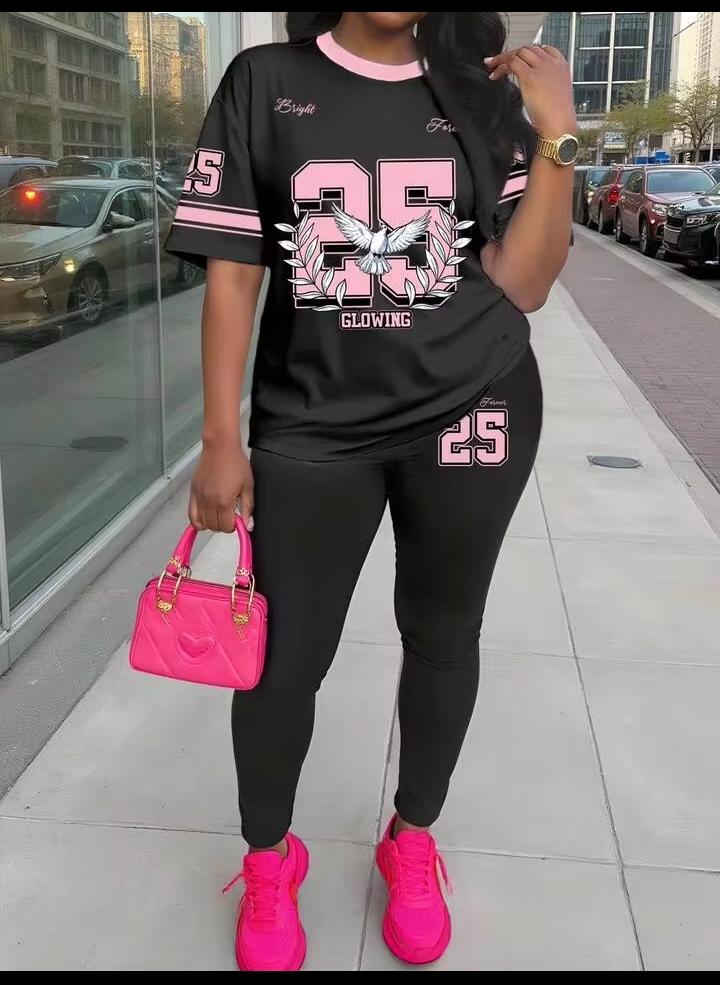 Women's 2PCS Number 25 Graphic Print Sportswear Set – Short Sleeve T-Shirt & Skinny Leggings for Casual Wear, Fitness & Street Style