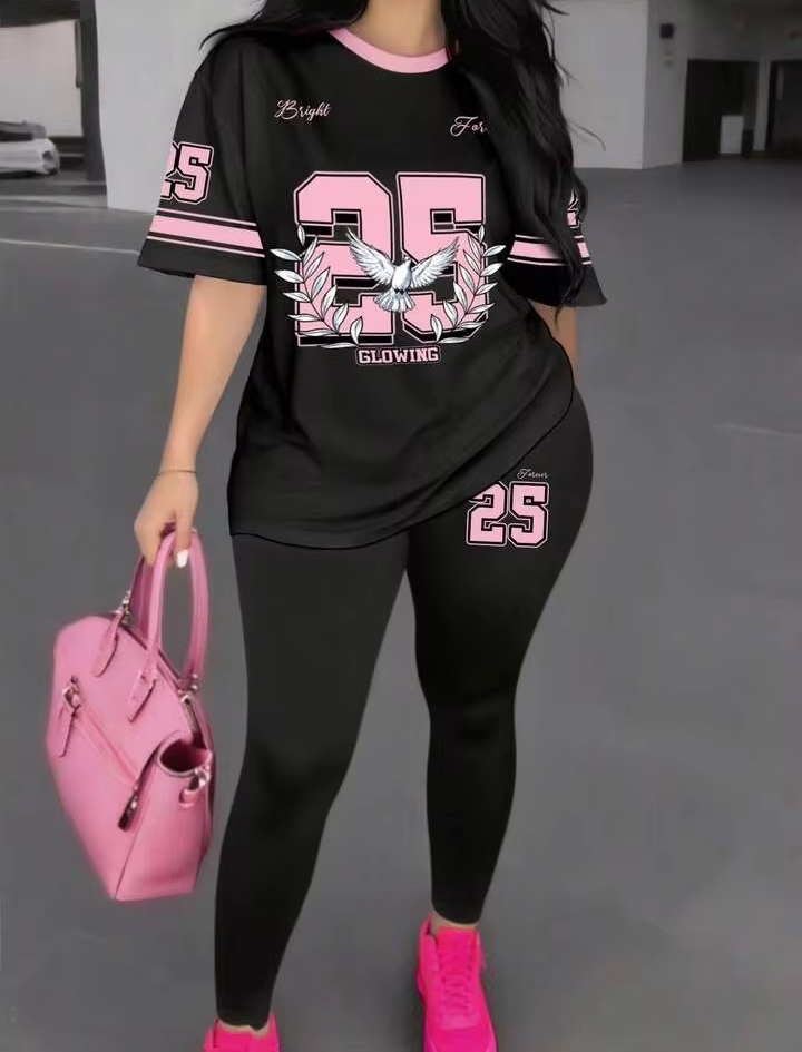 Women's 2PCS Number 25 Graphic Print Sportswear Set – Short Sleeve T-Shirt & Skinny Leggings for Casual Wear, Fitness & Street Style 3