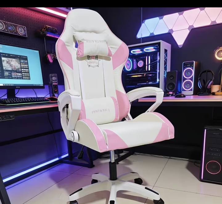 Pink & White Ergonomic Gaming Chair, Reclining High-Back Office Chair with Headrest, Lumbar Pillow & Adjustable Height
