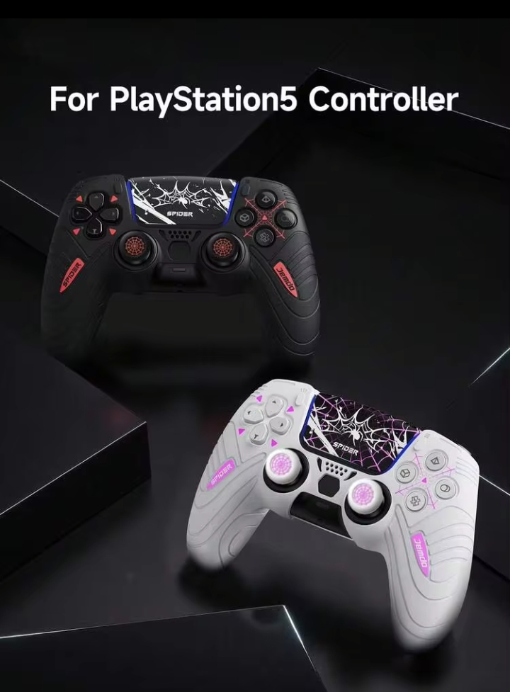 PS5 Controller Silicone Cover Set, Red Spider Web Protective Case with Thumbstick Grip Caps