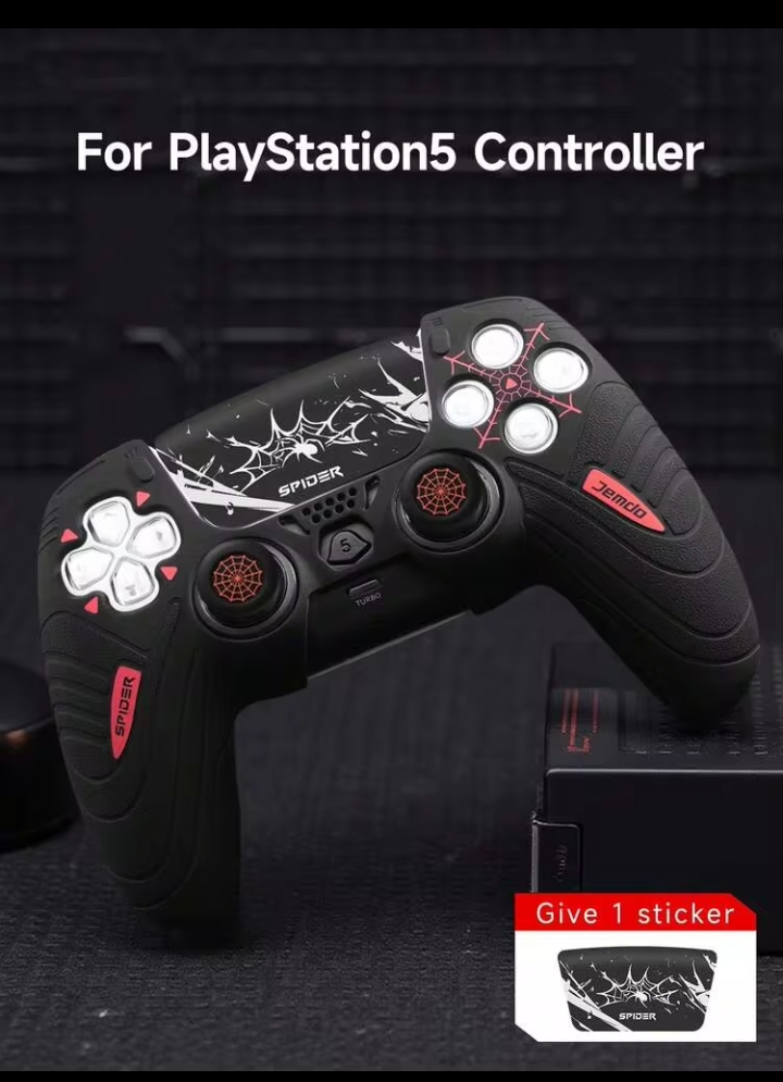 PS5 Controller Silicone Cover Set, Red Spider Web Protective Case with Thumbstick Grip Caps