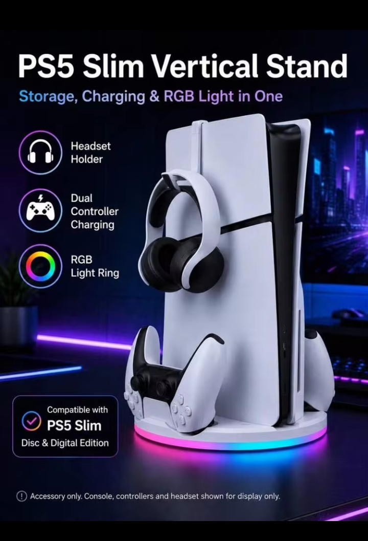 1pc Compatible With 5/Slim Necessary Accessory, Suitable For 5/Slim Console Stand, Summer & Autumn Gift, With LED Lights, Summer Gaming Accessory, PS 5 Controller Charging Station, Gaming Accessory, Game Console, Game Console Accessory, Suitable For Console Players