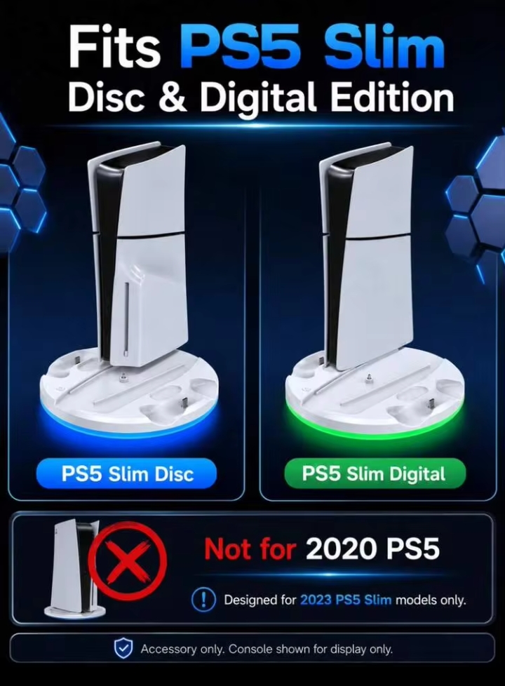 1pc Compatible With 5/Slim Necessary Accessory, Suitable For 5/Slim Console Stand, Summer & Autumn Gift, With LED Lights, Summer Gaming Accessory, PS 5 Controller Charging Station, Gaming Accessory, Game Console, Game Console Accessory, Suitable For Console Players 2