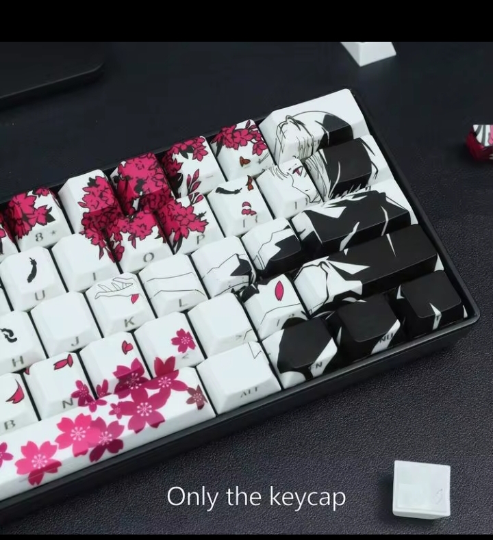 PBT Material Side Engraved Translucent Gradient Keycaps, Sakura Crow & Girl Anime Key Caps Set ,CHERRY Profile Suitable For MX Switches, (Keyboard Not Included) Dye-Sublimation 2