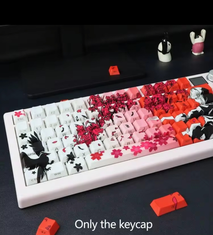 PBT Material Side Engraved Translucent Gradient Keycaps, Sakura Crow & Girl Anime Key Caps Set ,CHERRY Profile Suitable For MX Switches, (Keyboard Not Included) Dye-Sublimation 3