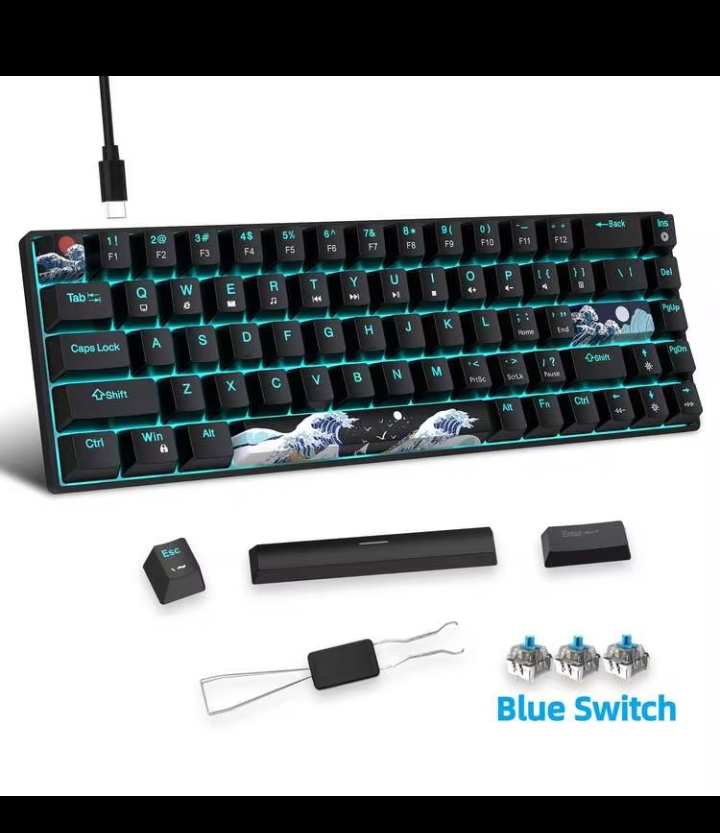 68-Key 60% Mechanical Gaming Keyboard with Ice Blue LED Backlight, Ultra-Thin USB Wired Keyboard, Blue Switches for PC, Windows & Laptops 2