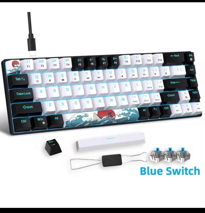 68-Key 60% Mechanical Gaming Keyboard with Ice Blue LED Backlight, Ultra-Thin USB Wired Keyboard, Blue Switches for PC, Windows & Laptops