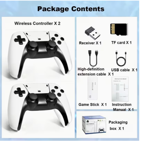 2PCS Wireless Mini Arcade Game Console Set – Dual Player Retro Gaming System with 64GB Storage, 2.4GHz Wireless Controllers, Plug & Play TV Game Stick