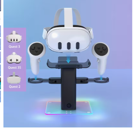 VR Charging & Storage Stand for Meta Quest 3 – RGB Display Dock with Controller Holder, Headset Organizer & USB Type-C Charging Cable