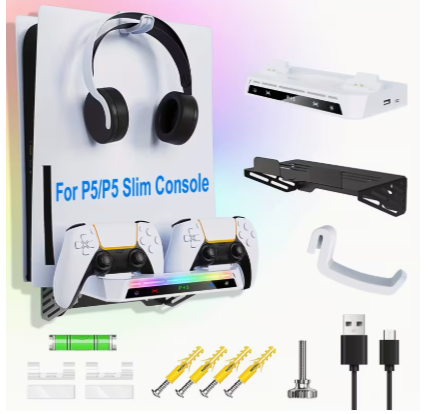 Universal Wall Mount for PS5 & PS5 Slim – Console Shelf with Dual Controller Charging Dock, Headset Holder & RGB LED Light Strip