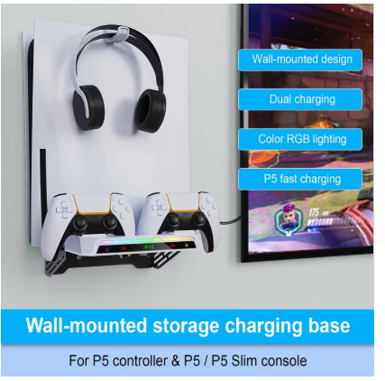 Universal Wall Mount for PS5 & PS5 Slim – Console Shelf with Dual Controller Charging Dock, Headset Holder & RGB LED Light Strip 2