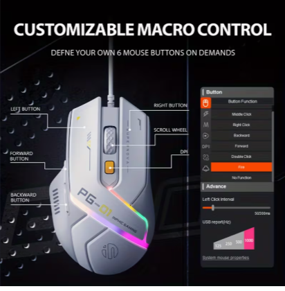 INPHIC PG1 Wired RGB Gaming Mouse – Ergonomic Programmable Optical Mouse with Macro Support, 1000Hz Polling Rate for PC, Laptop & Desktop 2