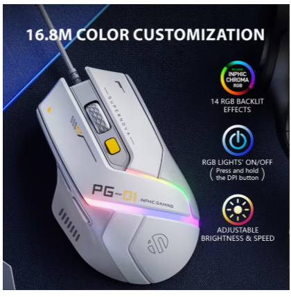 INPHIC PG1 Wired RGB Gaming Mouse – Ergonomic Programmable Optical Mouse with Macro Support, 1000Hz Polling Rate for PC, Laptop & Desktop