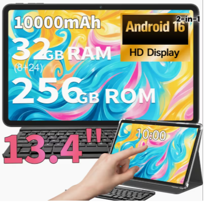 13.4-Inch Android 16 Tablet with Keyboard & Stylus – 32GB RAM (8GB + 24GB Expansion), 256GB Storage, Octa-Core Processor, 10000mAh Battery, 2-in-1 Tablet PC with Mouse & Stand Case