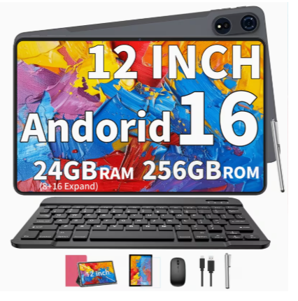 12-Inch Android 16 2-in-1 Tablet – 24GB RAM (8GB + 16GB Expansion), 256GB Storage, Octa-Core Processor, FHD Display, 8000mAh Battery, Keyboard, Mouse, Stylus & Case