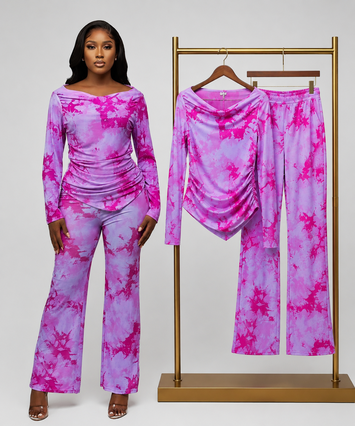 Women's Tie Dye 2 Piece Set Off Shoulder Ruched Long Sleeve Top and Flare Pants Matching Outfit Purple Pink