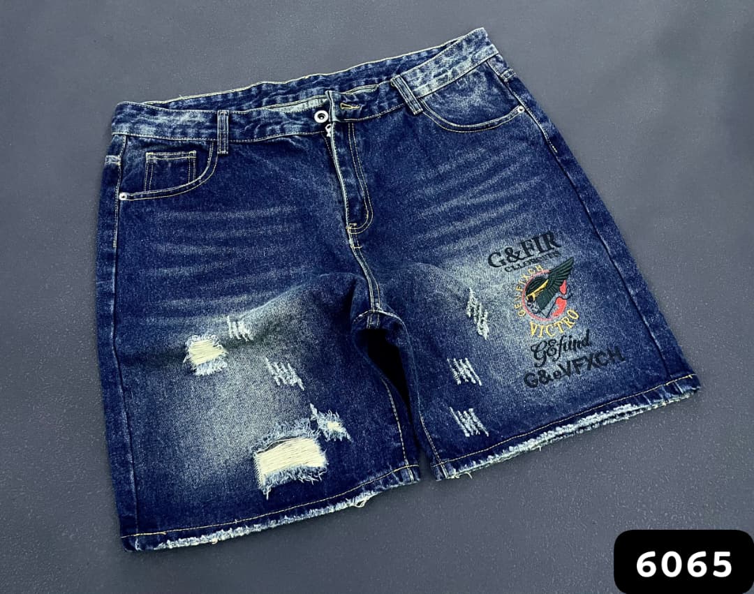 Graphic Winged Emblem Distressed Denim Jorts (Jean Shorts)