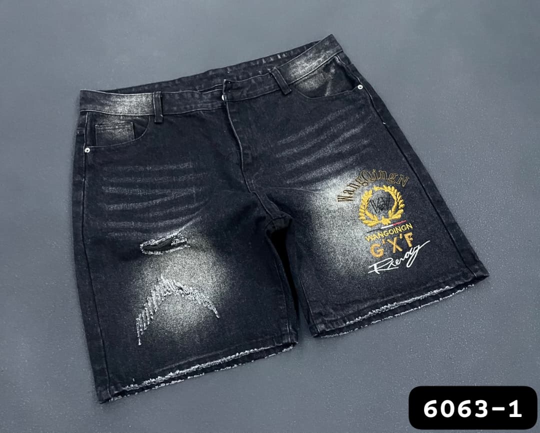 Laurel Wreath Graphic Distressed Black Denim Jorts (Jean Shorts)