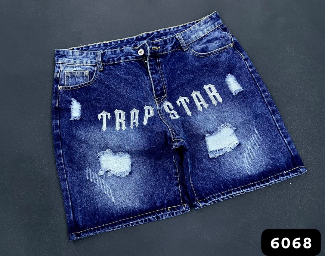 Trapstar Inspired Gothic Font Distressed Indigo Denim Jorts (Jean Shorts)