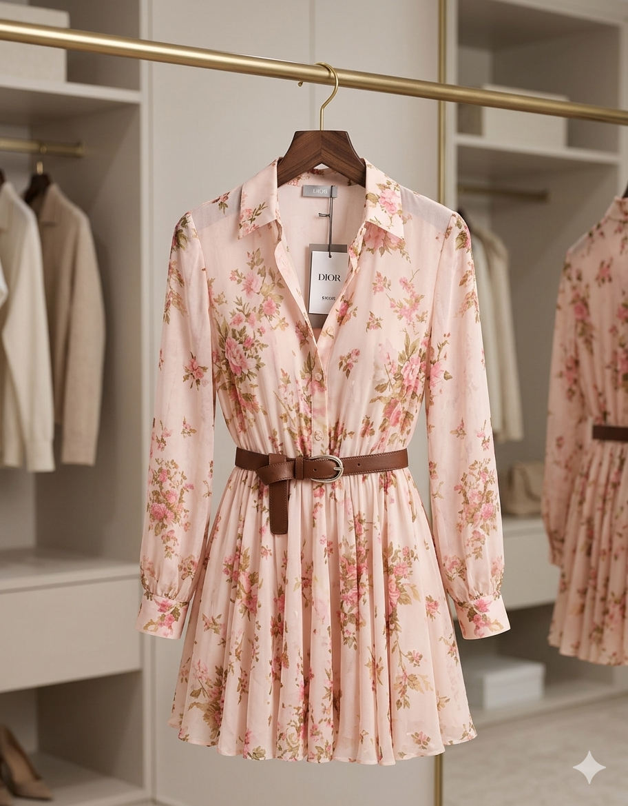 French Vintage Floral Print Mini Shirt Dress – Long Sleeve Chiffon A-Line Dress with Adjustable Brown Waist Belt, Elegant Spring/Summer Sundress