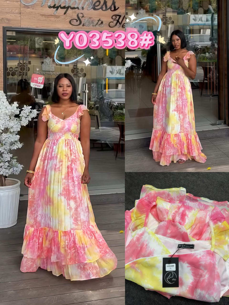 Bohemian Tie-Dye Maxi Dress – Sleeveless Ruffle Strap V-Neck Chiffon Long Dress, Pink and Yellow Pleated Tiered Layered Beach Sundress