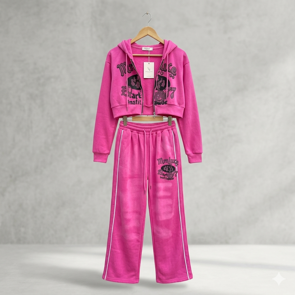 Y2K Aesthetic Hot Pink 2-Piece Tracksuit Set – Graphic Print Cropped Zip-Up Hoodie & Wide-Leg Drawstring Sweatpants, Streetwear Loungewear Set