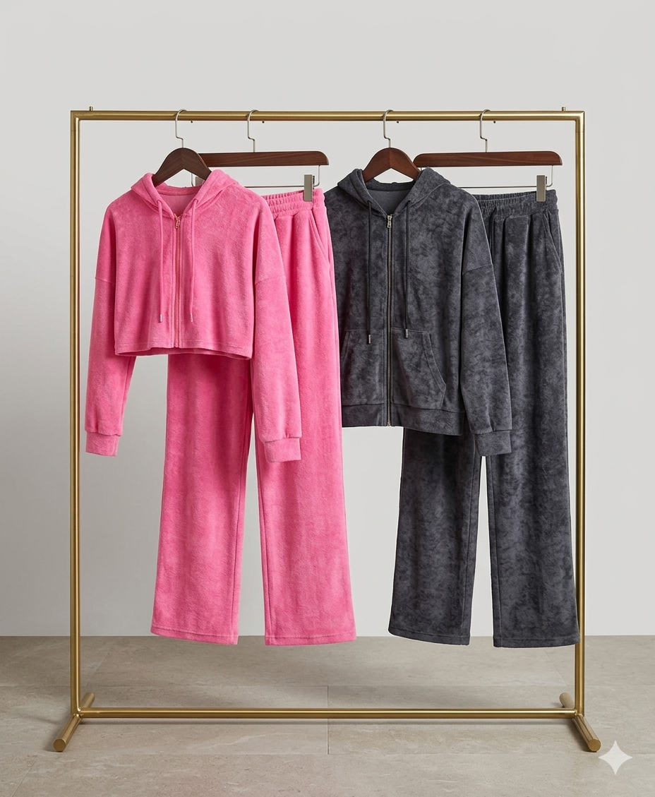 Plush Towel Velvet 2-Piece Tracksuit Set – Ultra-Soft Cropped Zip-Up Hoodie & Wide-Leg Drawstring Sweatpants, Cozy Loungewear Streetwear Set