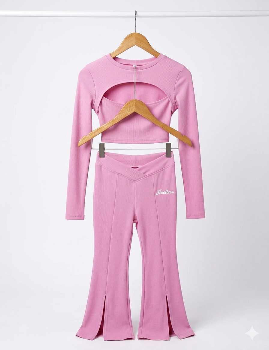 Y2K Ribbed Knit 2-Piece Lounge Set – Long Sleeve Chest Cut-Out Cropped Top & V-Cross High Waist Slit Flare Pants, Slim Fit Streetwear Tracksuit Set