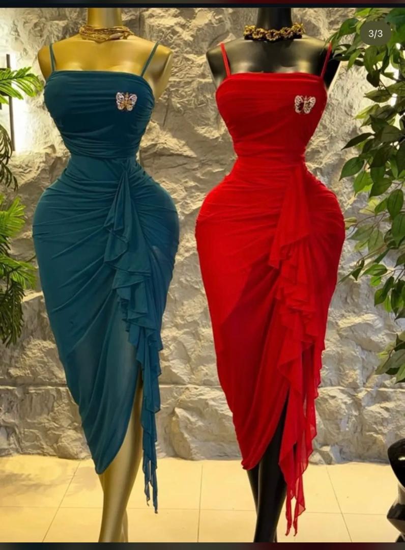 Elegant Ruched Asymmetrical Midi Dress – Sexy Spaghetti Strap Bodycon Cocktail Dress with Cascade Ruffle Slit & Crystal Butterfly Brooch