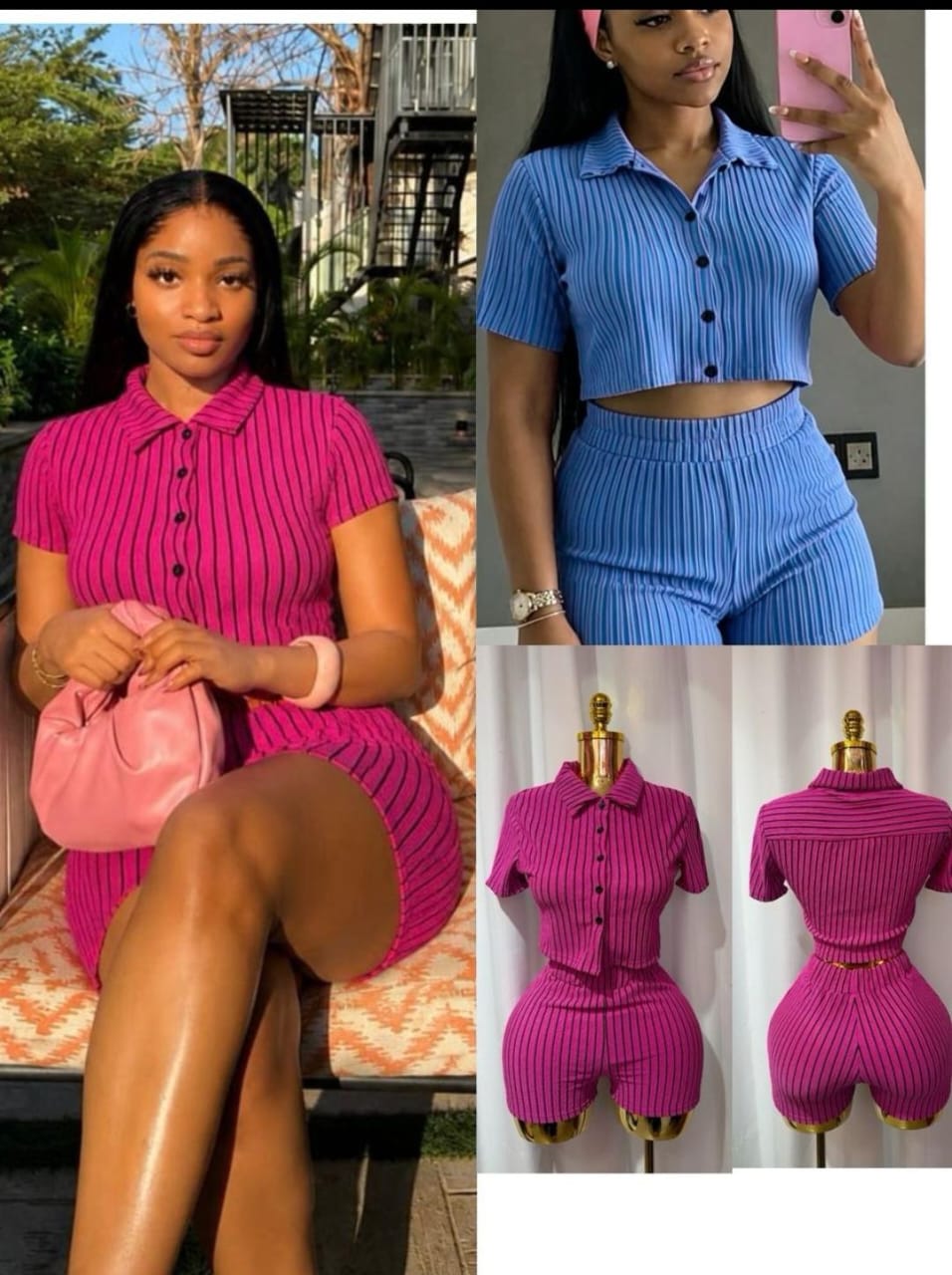 Y2K Ribbed Vertical Striped 2-Piece Short Set – Short Sleeve Button-Up Crop Polo Shirt & High-Waist Slim Fit Biker Shorts, Trendy Summer Athleisure Set