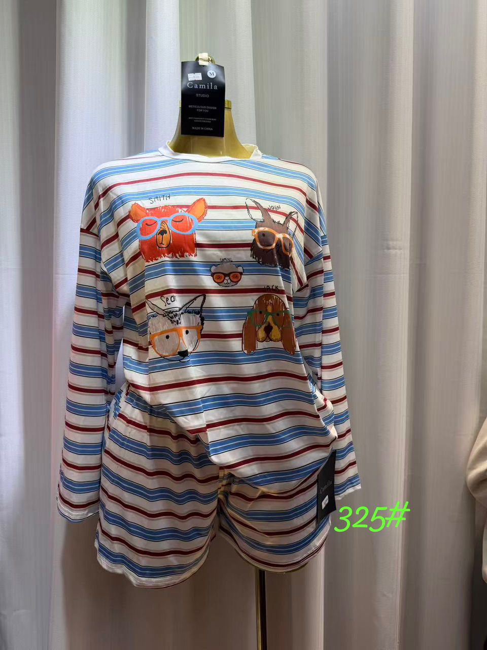 Cute Cartoon Dog Striped Lounge Set – Long Sleeve Crewneck Pullover Top & Matching High-Waist Comfort Shorts, 2-Piece Sweet Pajama Set