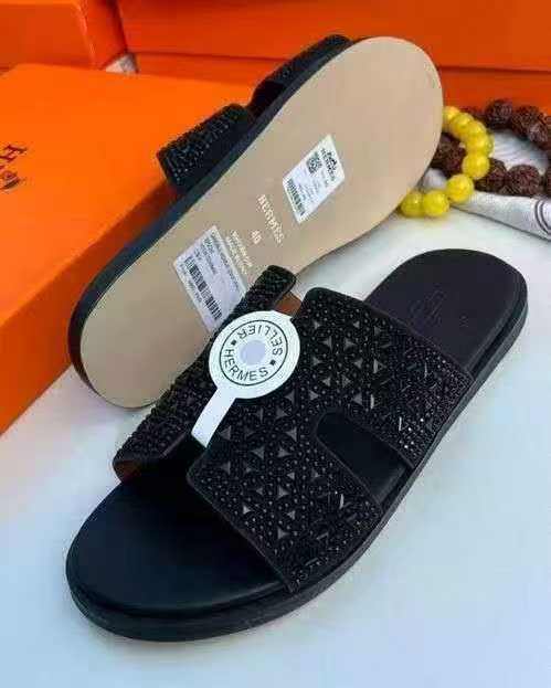 Women's Luxury H Logo Crystal Rhinestone Flat Slide Sandals Bling Open Toe Slip On Summer Shoes Black