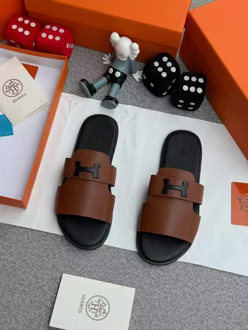 Men's Luxury H Logo Cut Out Leather Flat Slide Sandals Open Toe Slip On Designer Summer Shoes Brown Black