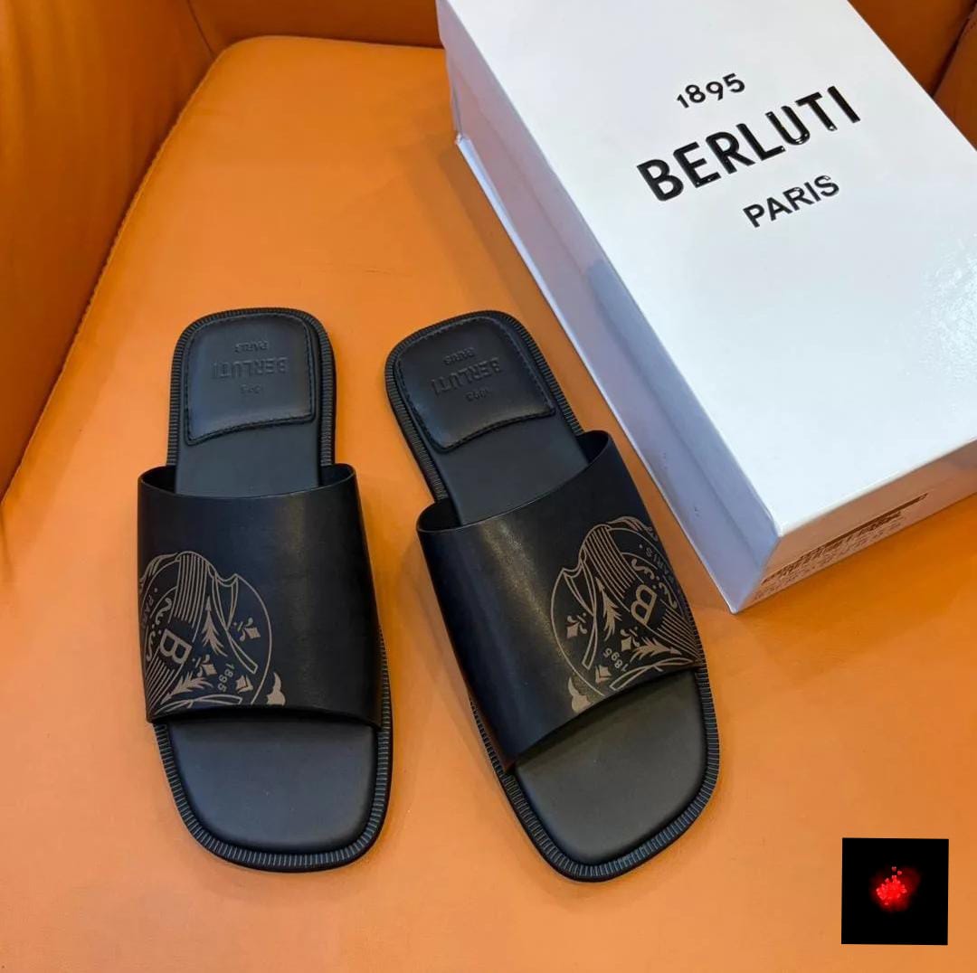 Men's Berluti Paris Crest Logo Engraved Leather Flat Slide Sandals Open Toe Slip On Designer Summer Shoes Black