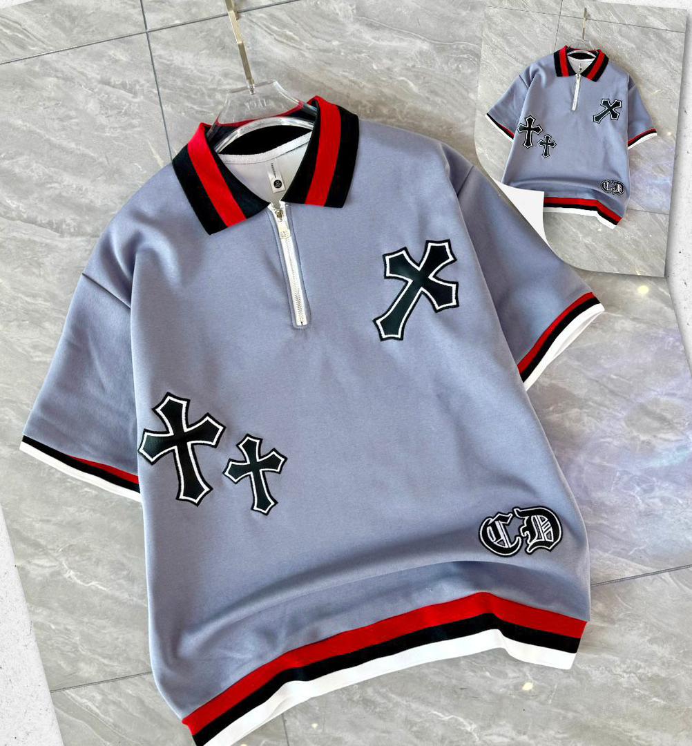 Chrome Hearts Cross Patch Embroidery Quarter Zip Polo Shirt Oversized Short Sleeve Streetwear Top White Black Red