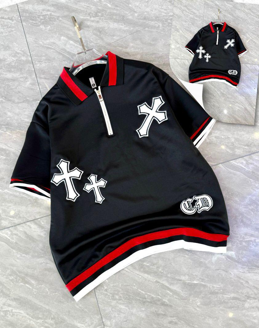 Chrome Hearts Cross Patch Embroidery Quarter Zip Polo Shirt Oversized Short Sleeve Streetwear Top Black 
