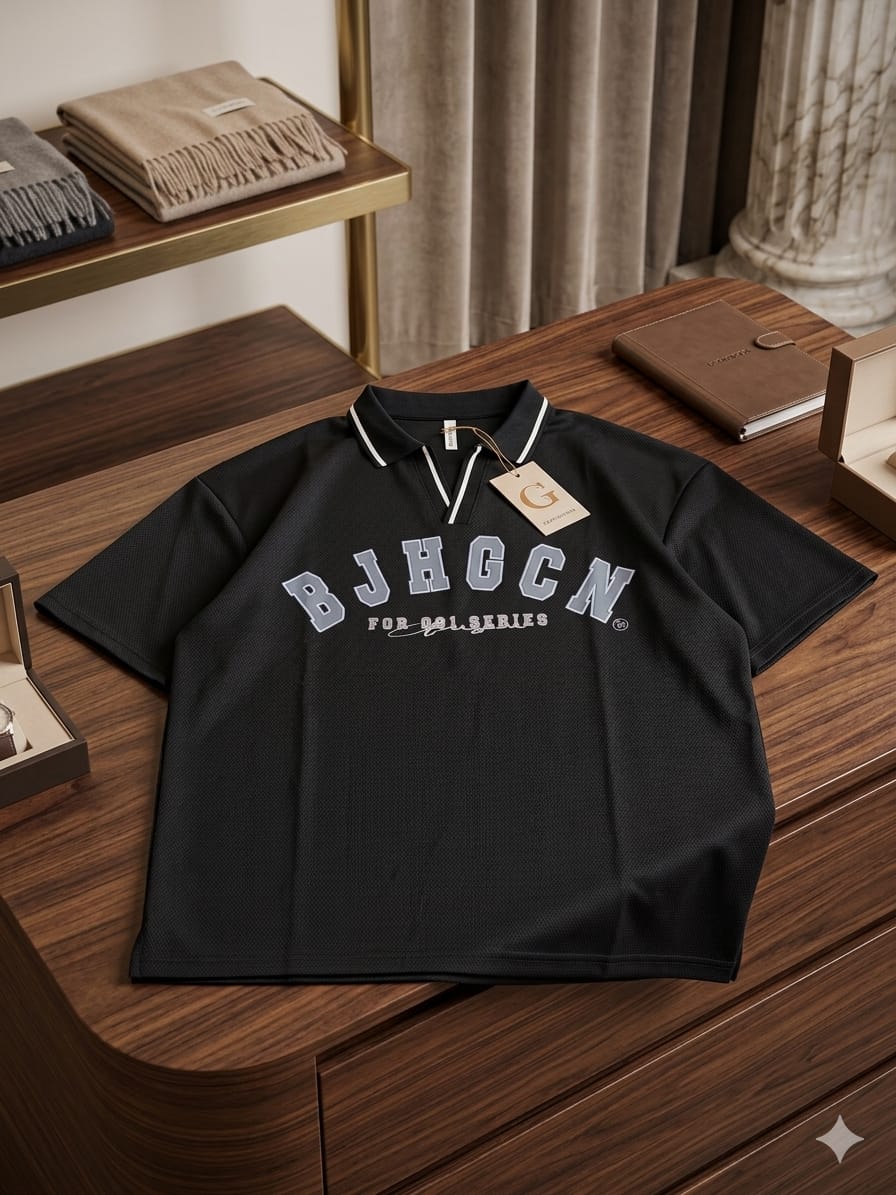 BJHGCN 091 Series Varsity Letter Print Short Sleeve Zip Collar Polo Shirt Oversized Mesh Tee Black
