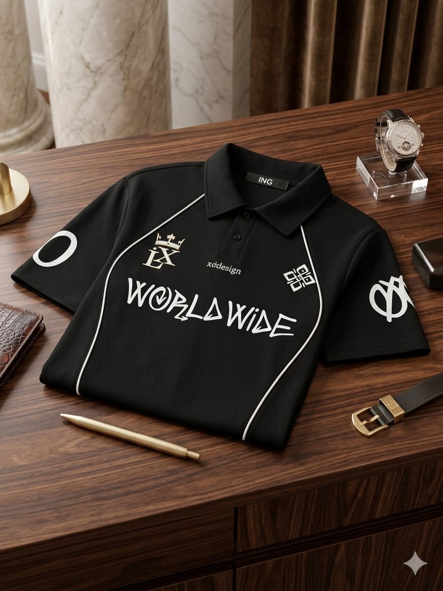 XD Design Worldwide Graffiti Logo Print Short Sleeve Polo Shirt Oversized Streetwear Tee Black White