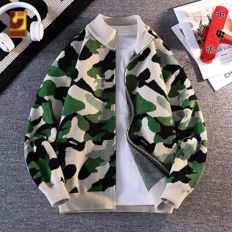 Men's Camouflage Knit Zip Up Bomber Jacket Casual Streetwear Outerwear Green Cream Black