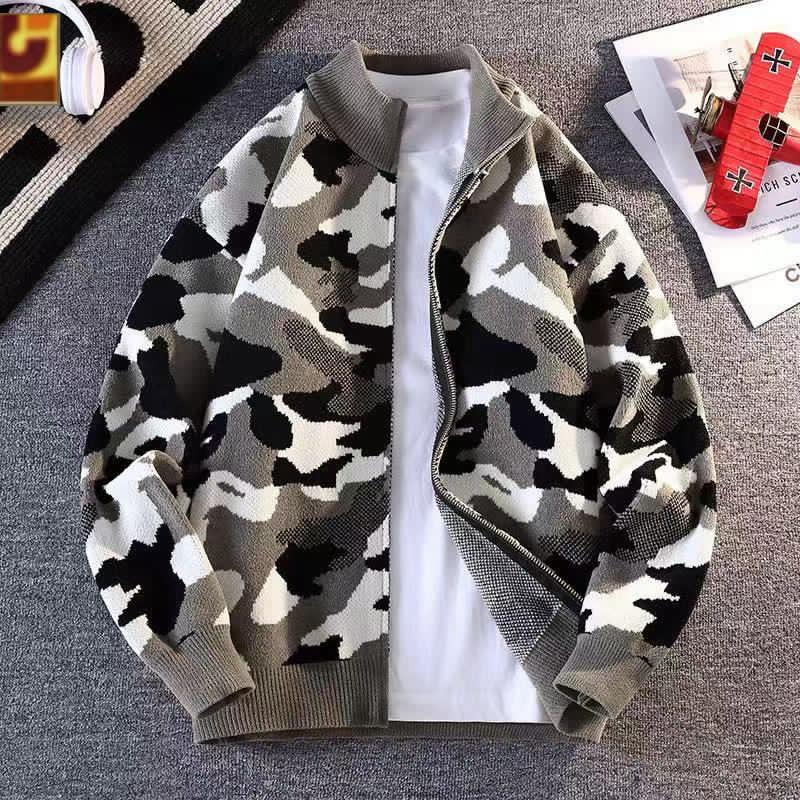 Men's Camouflage Knit Zip Up Bomber Jacket Casual Streetwear Outerwear Gray White Black