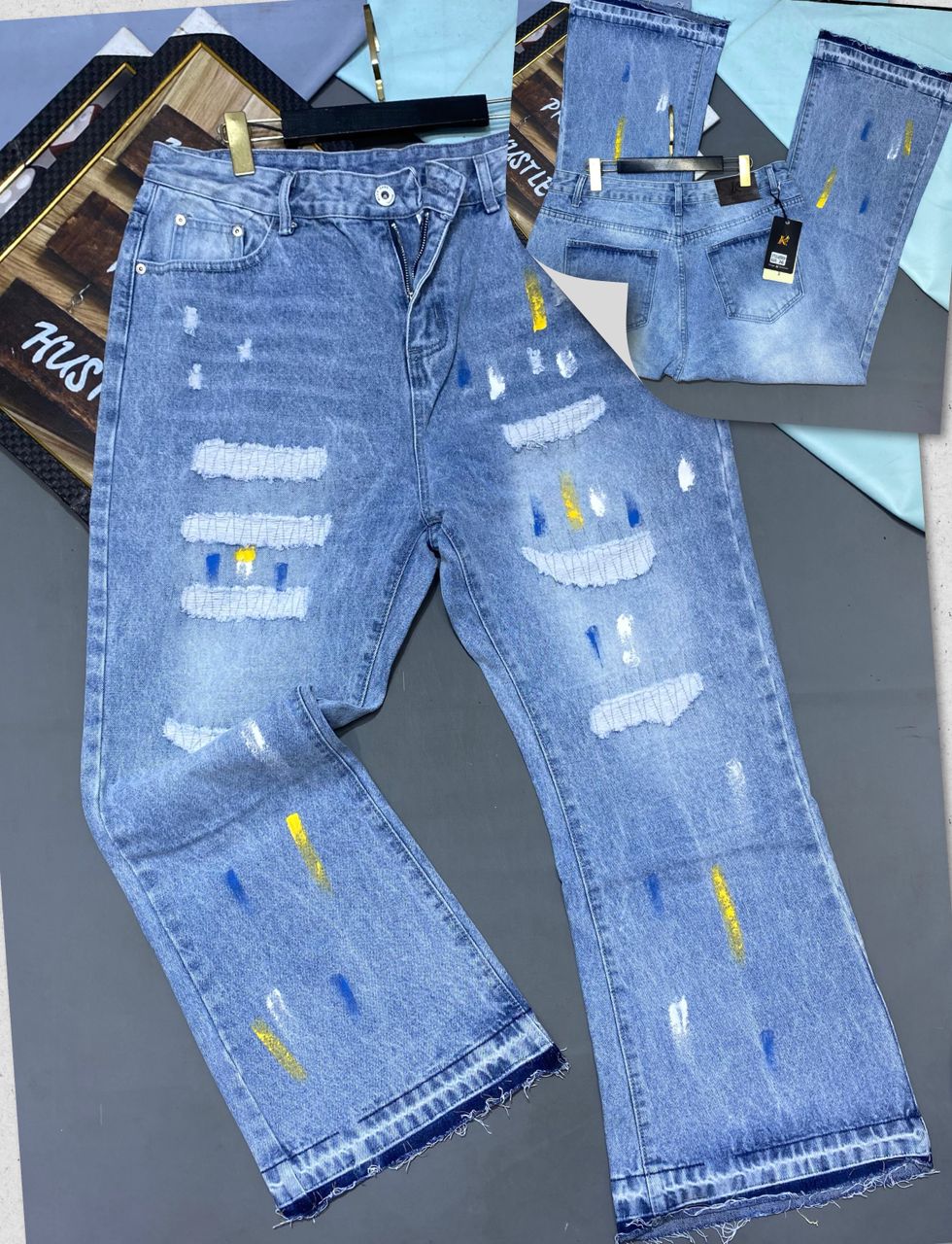 Men's Distressed Paint Splatter Wide Leg Baggy Jeans Ripped Frayed Hem Streetwear Denim Pants Light Blue