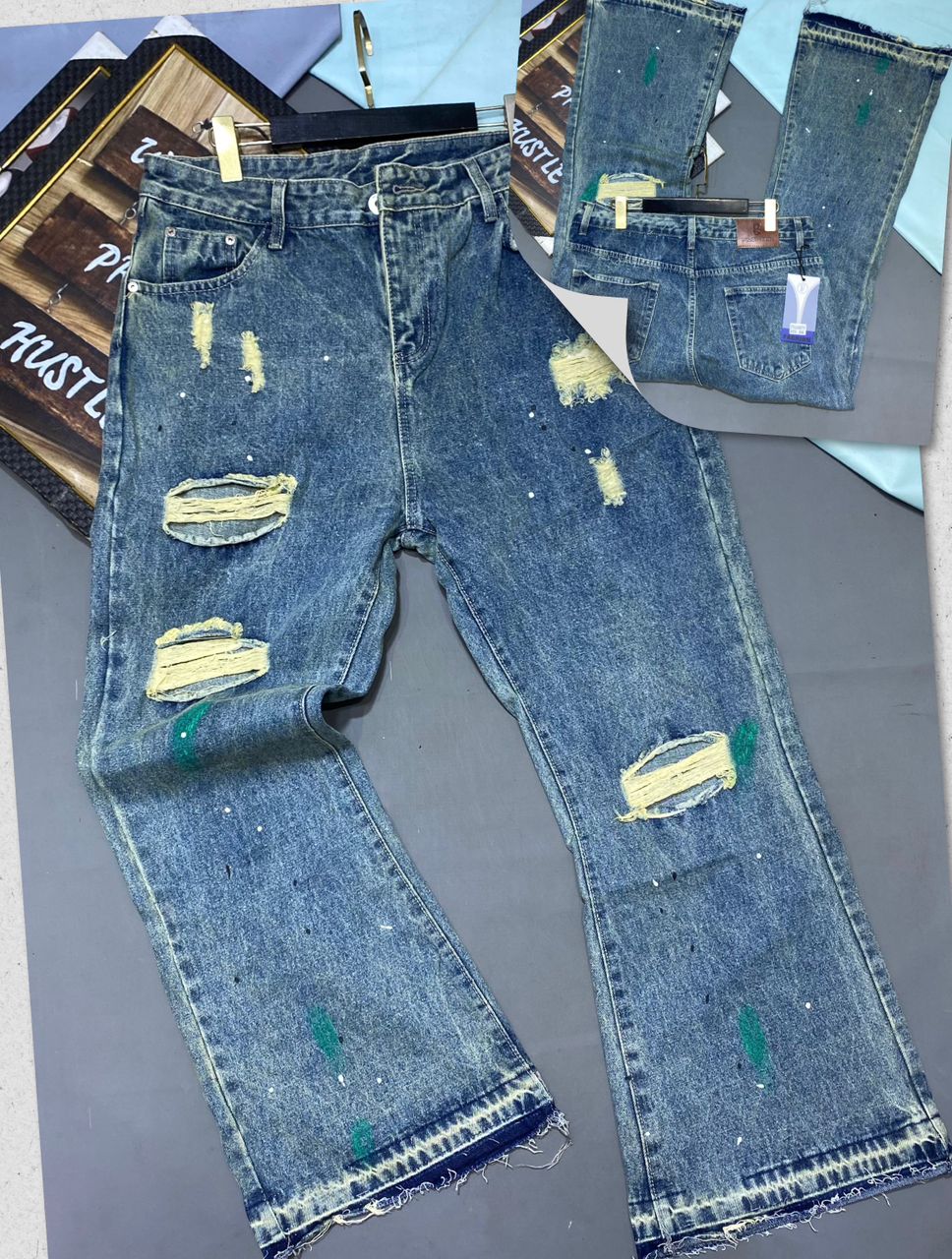 Men's Heavy Distressed Paint Splatter Flare Leg Jeans Ripped Yellow Thread Repair Frayed Hem Streetwear Denim Pants Medium Blue