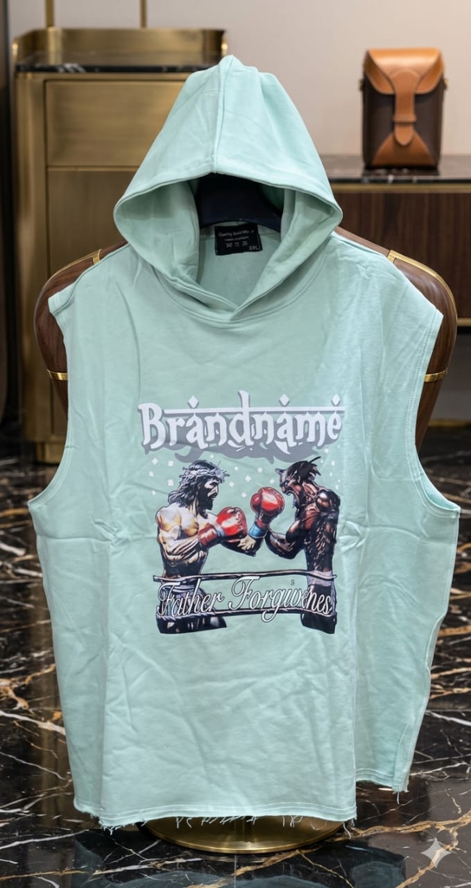 Brandname Father Forgives Boxing Graphic Print Sleeveless Hoodie Tank Top Raw Hem Oversized Muscle Tee Mint Green