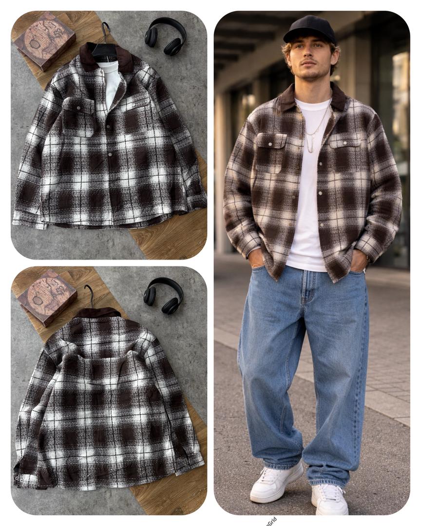 Men's Plaid Flannel Shacket Oversized Wool Blend Shirt Jacket Contrast Corduroy Collar Casual Outerwear Brown White