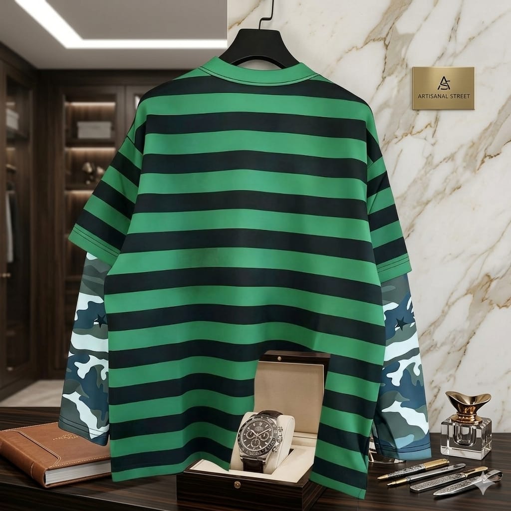 Heritage Apparel Stripe and Camo Contrast Sleeve Oversized Long Sleeve T-Shirt Green Black