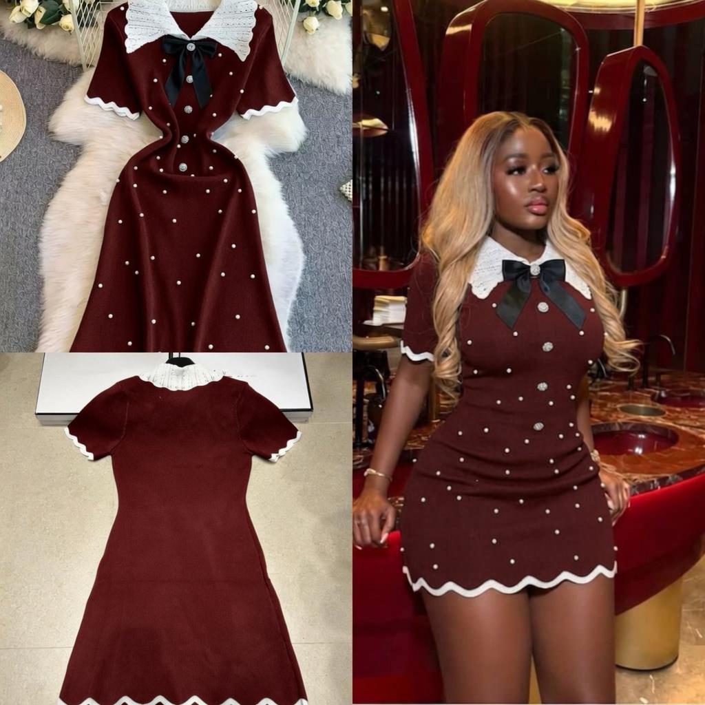 Women's Pearl Beaded Lace Collar Bow Mini Dress Short Sleeve Scallop Hem Knit Bodycon Party Dress Burgundy