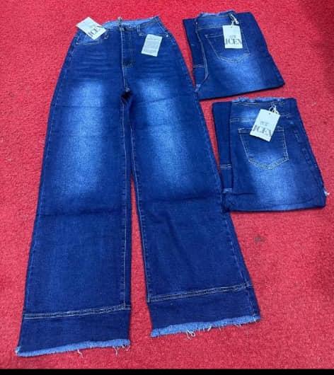 Women's High Waist Wide Leg Jeans Frayed Raw Hem Straight Baggy Denim Pants Dark Blue