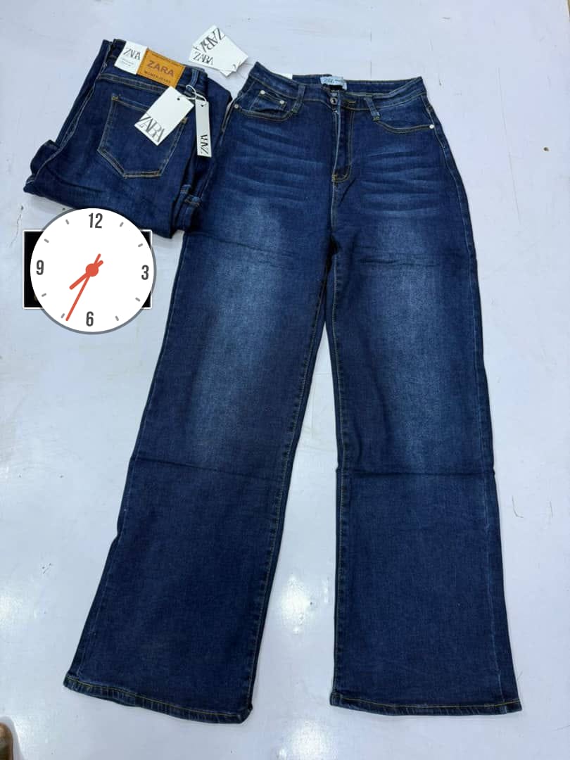 Zara Women High Waist Wide Leg Straight Jeans Classic 5 Pocket Stretch Denim Pants Dark Blue