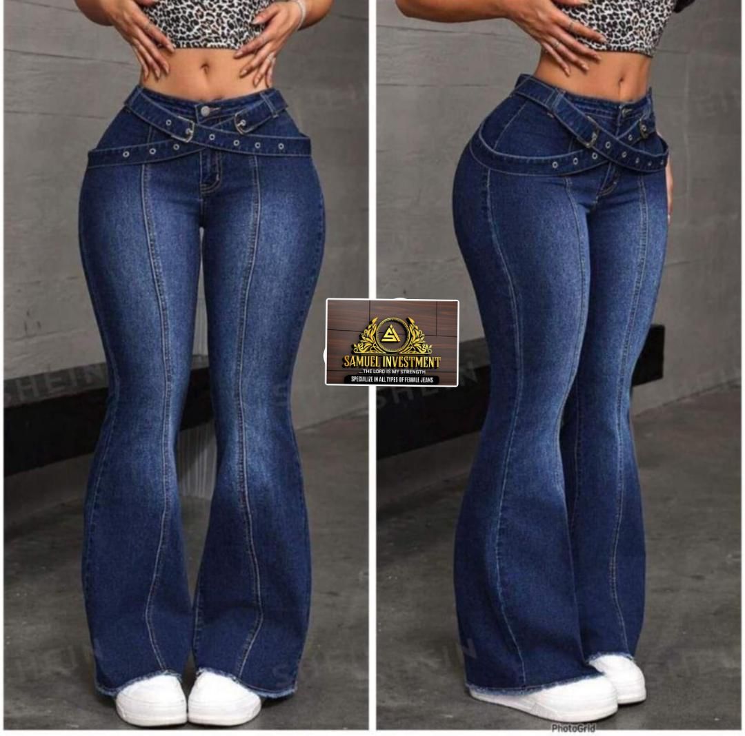 Women's Low Rise Crossover Belt Waist Flare Jeans Butt Lifting Stretch Bell Bottom Denim Pants Dark Blue